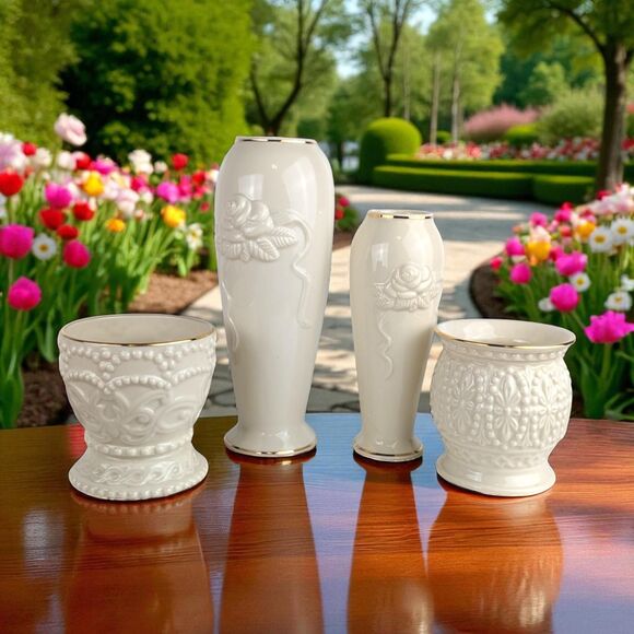 Vintage Lenox Vase & Votive Set: Rosebud Collection, Gold Trim, 4-Piece - Picture 1 of 8